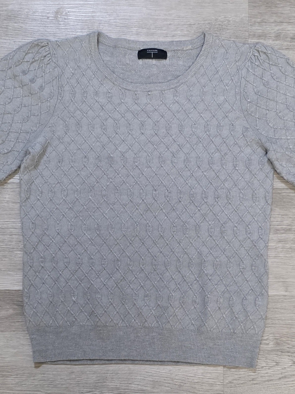 Tahari Heather Gray Cable Knit Short Sleeve Sweater